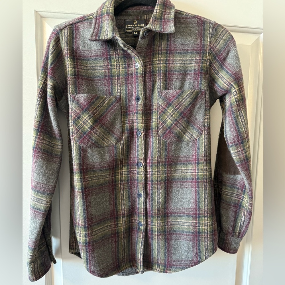 United By Blue Plaid Thick Wool Blend Button-Up Shirt With Leather Elbow Patches